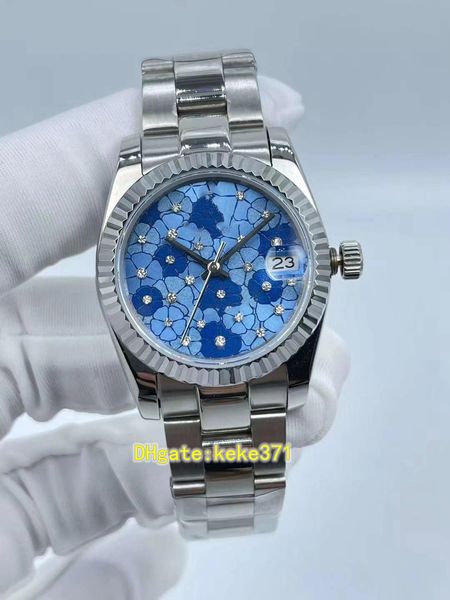 

2 styles ladies watch 278274 31mm blue flower pattern 24 diamonds stainless steel oyster bracelet womens watches 2813 movement automatic mec, Slivery;golden