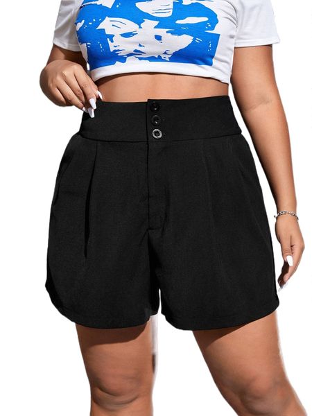 

plus high waist plicated detail straight leg shorts r53w#, Black