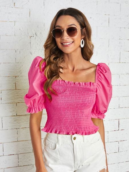 

shirred puff sleeve crop blouse i7zd#, White