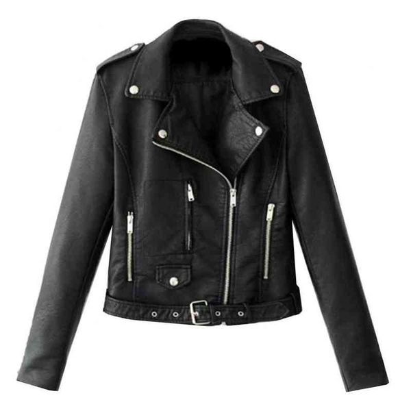 

lady faux leather jacket long sleeve lapel zipper button pocket motorcycle jacket short coat outwear female chaquetas l220728, Black