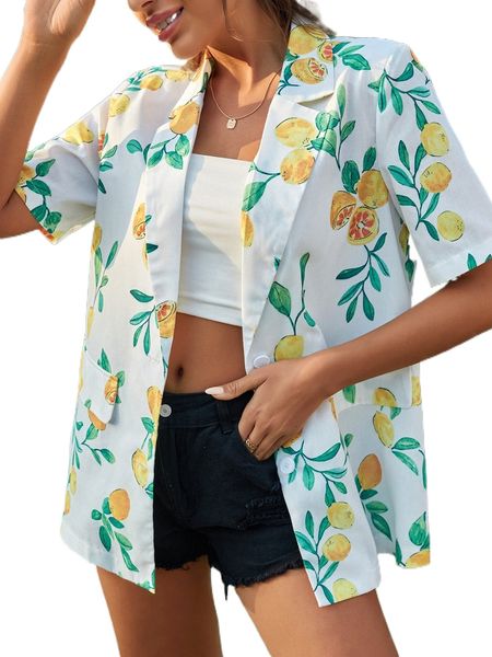 

fruits print lapel collar flap detail blazer f3mp#, White