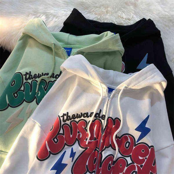 Übergroße Retro Streetwear Zip Up Hoodie Brief Druck Sweatshirts Vintage Frauen Grunge Harajuku Punk Kawaii Y2k Kleidung