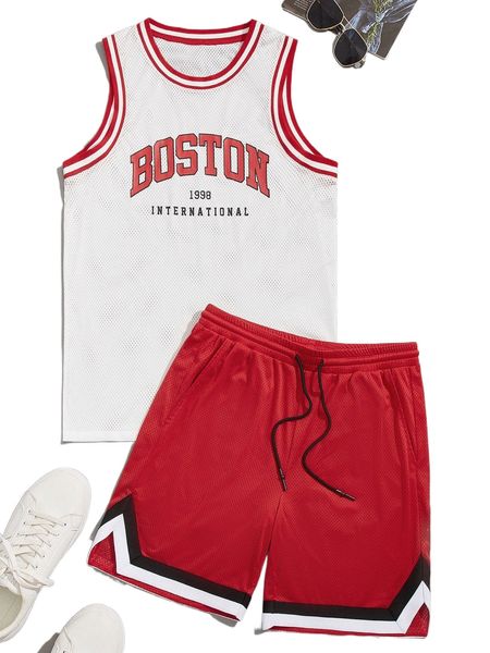 

men letter graphic contrast trim mesh tank & shorts z8t4#, Gray