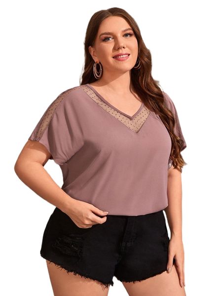 

plus contrast dobby mesh dolman sleeve blouse 48q9#, Black