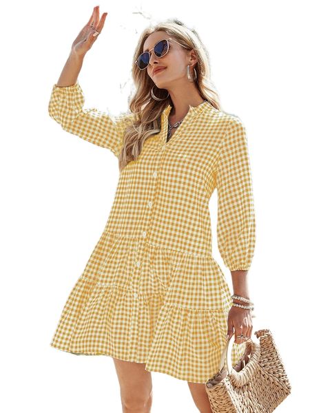 

gingham notch neck ruffle hem dress 38nq#, Black;gray