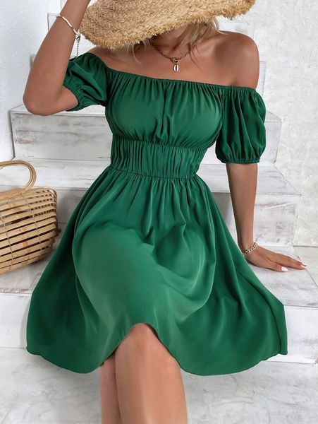 

off shoulder ruched bust a-line dress y3iz#, Black;gray
