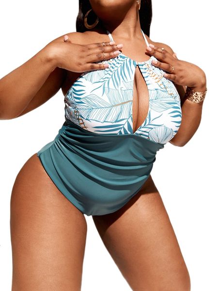 

plus plant print ruched halter one piece swimsuit c3nu#, White;black