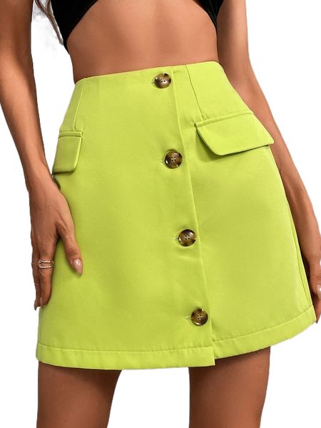 

button front flap detail skirt 94af#, Black