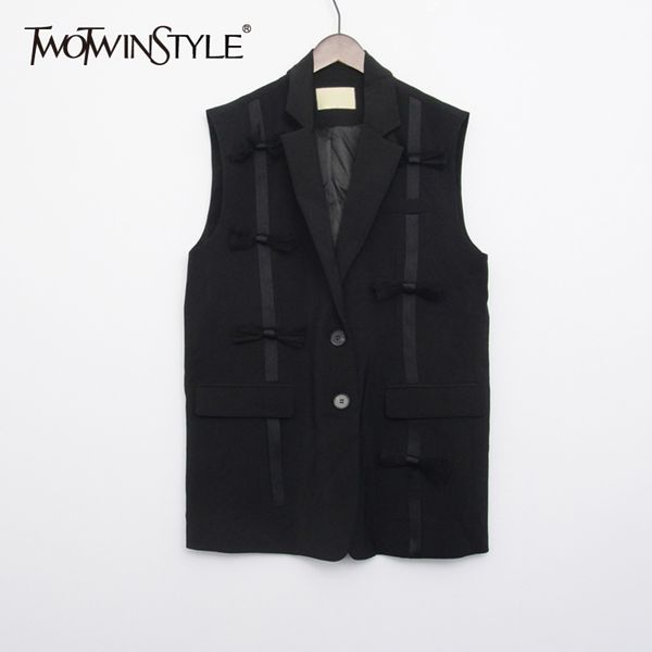 

black splicing bowknot vest coat for women lapel sleeveless casual loose coats female fashion clothing 210423, Black;white