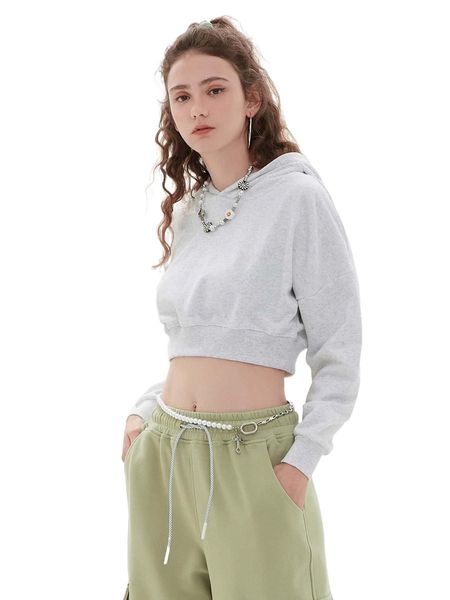 

drop shoulder solid crop hoodie z7mz#, Black