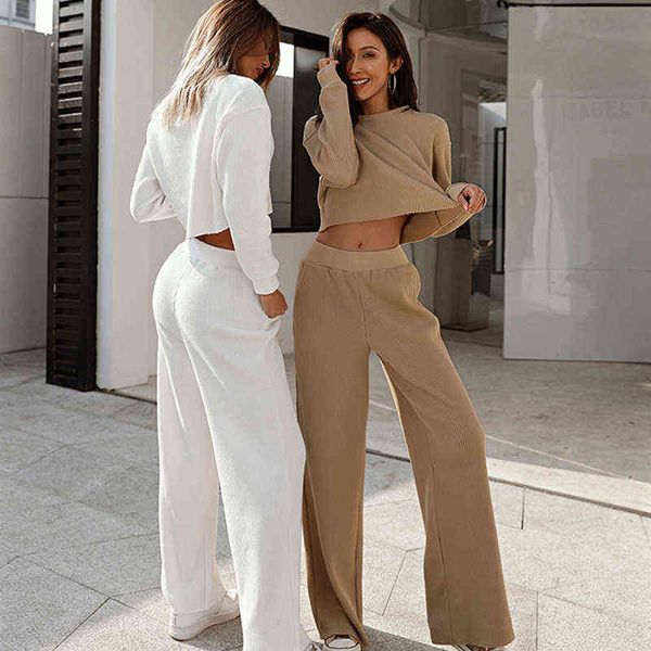 

tracksuit women sport casual 2022 crop and wide leg pants knitted suits pullover sweatshirt with joggers women two piece set t220729, Gray