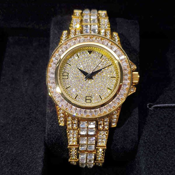 MISSFOX Iced Out Zifferblattuhr für Herren, 18 Karat Gold, luxuriöser Glanz, Herrenuhr, Diamant, Hip Hop, runder Edelstahl, Herren-Quarzuhr