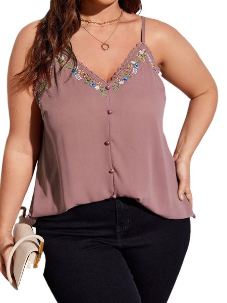 

plus floral embroidery button front cami b6fs#, Black