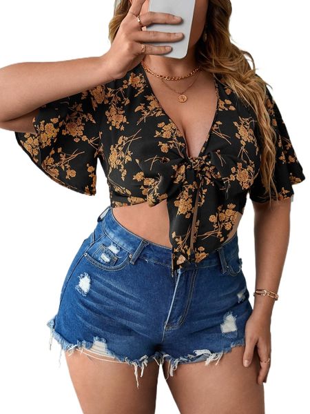 

plus floral print tie front w5ou#, Black