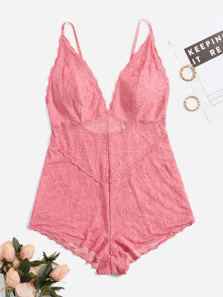 

plus backless lace sleep romper 41an#, Black;white