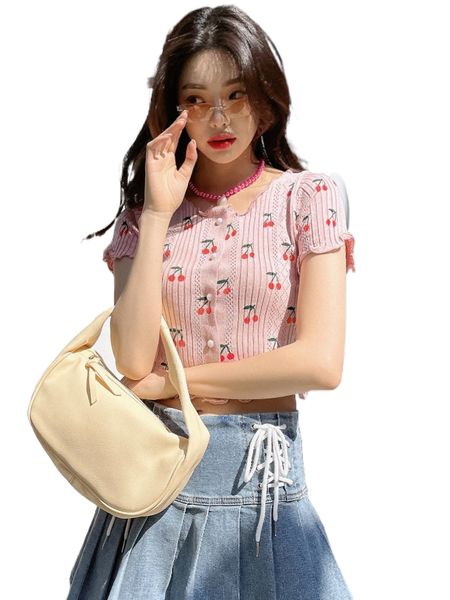 

dazy fruit print button up lettuce trim crop tee m68w#, White