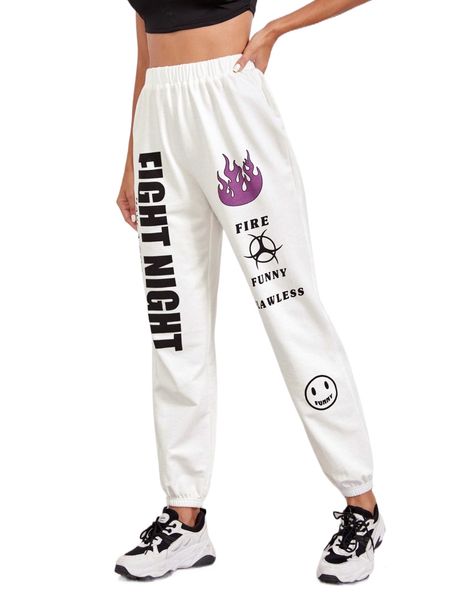 

letter and fire print sweatpants m0fu#, Black;white