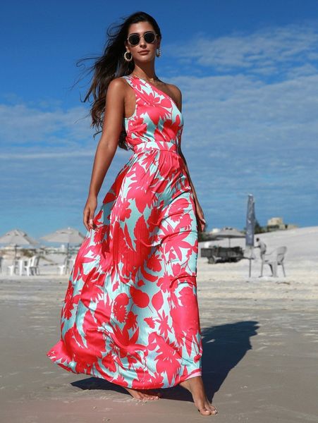 

floral print one shoulder dress v3aj#, Black;gray