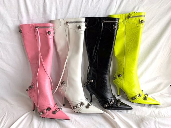 

high heel pointed toe knee boots women's leather 2022 autumn and winter new european and american catwalk stiletto barrel motorcycle fa, Black