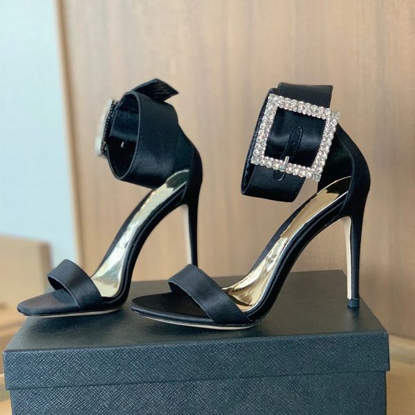 

luxury designer shoes silk genuine leather sandals super high heels crystal pumps ankle strap zapatillas mujer, Black