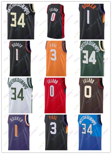 

2022 city devin booker jersey basketball chris paul giannis antetokounmpo damian lillard home away black purple white black patch, Black;red