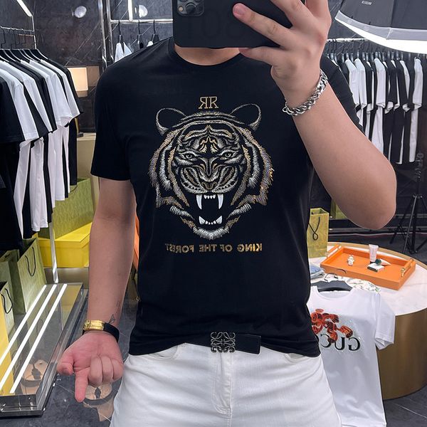 

men's t-shirts designer short sleeve t-shirt men's tiger head drill ice silk high end half pure cotton pattern black t-shirt summe, White;black