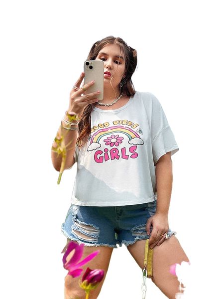 

plus rainbow & letter graphic drop shoulder tee e6qz#, Black