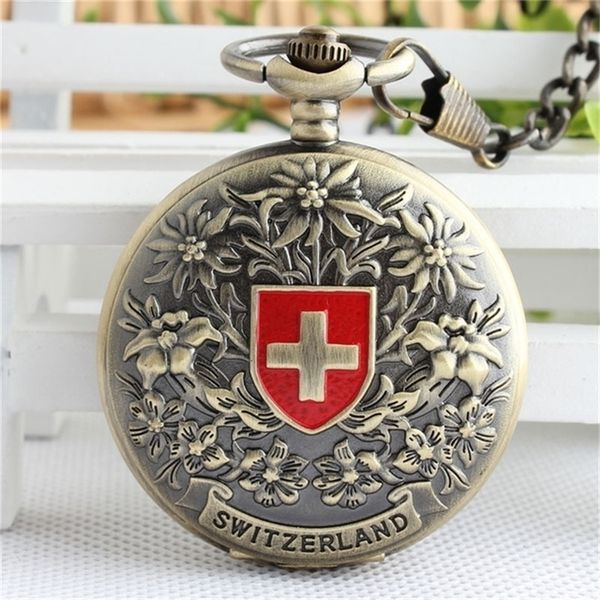 Уникальный Швейцария Красная Крест Полая рука Механические карманные часы Мужские и женские бронзовые тон для подарка на день рождения T200502