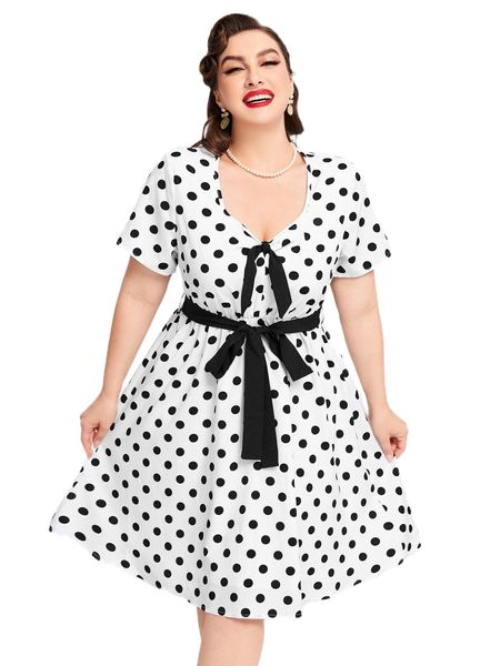 

plus knot front polka dot belted dress g5ky#, Black