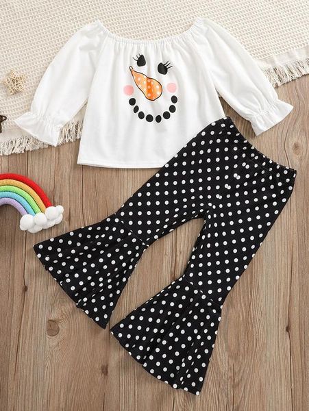

toddler girls polka dot cartoon graphic flounce sleeve & flare leg pants she, White