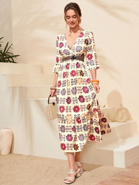 

floral print flounce sleeve ruffle hem dress without belt t8td#, Black;gray
