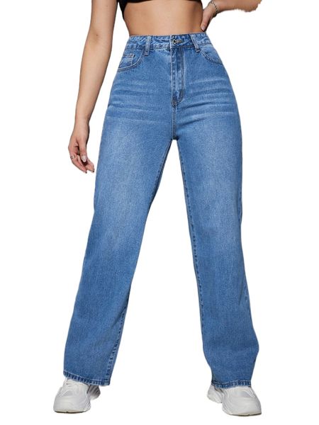 

high waist letter patch wide leg jeans y19g#, Blue