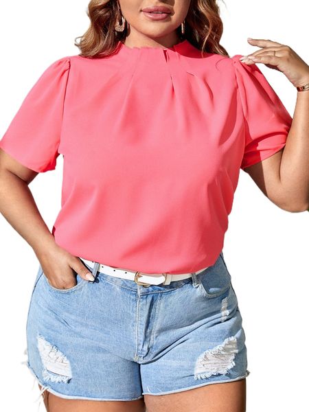 

plus puff sleeve plicated detail keyhole back blouse 96cw#, Black