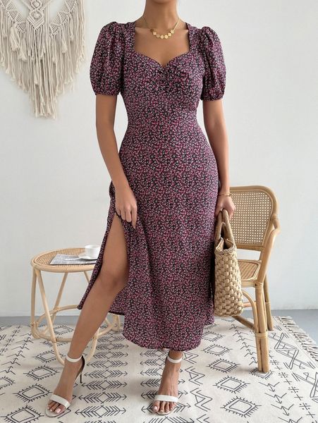 

ditsy floral sweetheart neck puff sleeve split thigh dress s1dy#, Black;gray