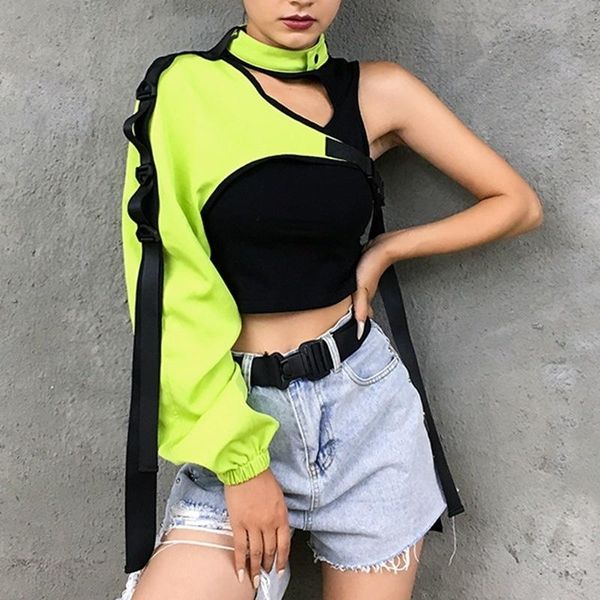 Kadın T-Shirt Kişilik Tshirt Kadın Yansıtıcı Hip Hop Dans Sokağı Moda Bir Omuz Şerit Harajuku Punk Düzensiz Teewomen