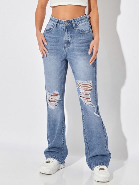 

petite high waist ripped cat whisker boot-cut leg jeans 63uo#, Blue