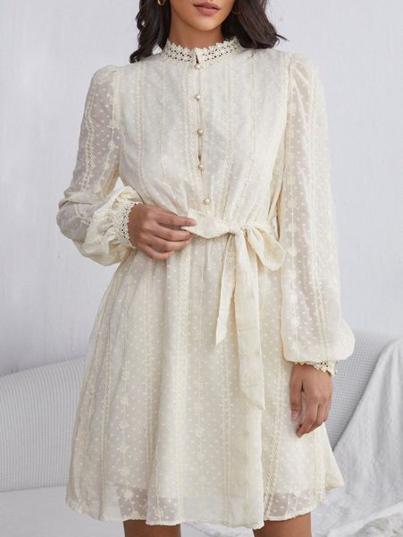 

lace trim lantern sleeve belted dress m6vd#, Black;gray