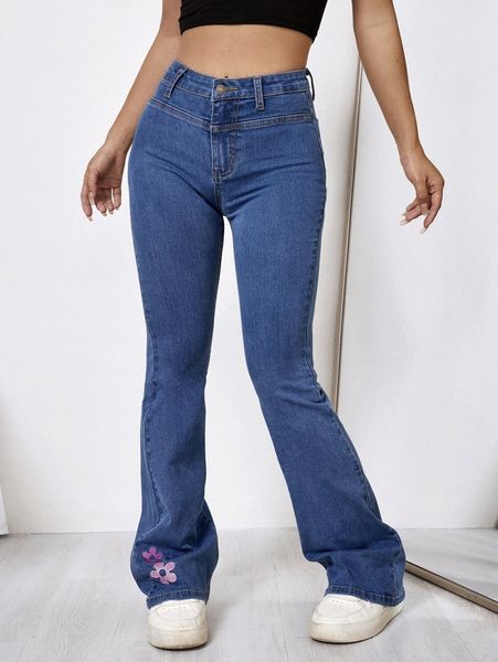 

floral high waist bootcut jeans 741f#, Blue