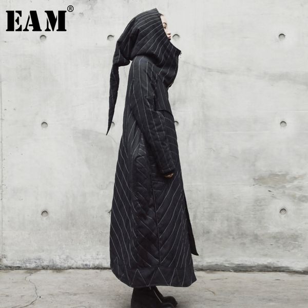 

eam hooded black striped split joint long cottonpadded coat loose fit women parkas fashion spring autumn jr501 y201012