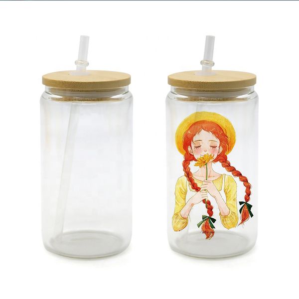 

12oz 16oz sublimation mug creative sequins glass can shape bottle with lid and straw summer drinkware mason jar juice cup dhl party
