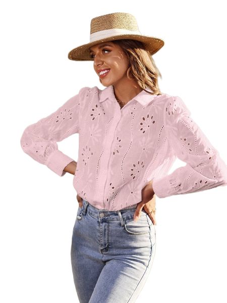 

eyelet embroidery puff sleeve button front blouse c9xb#, White