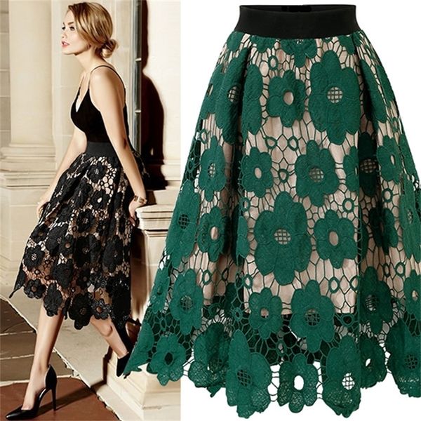 

good quality summer high elastic waist lace skirt women vintage floral crochet hollow out ball gown a-line mid-calf skirt 210315, Black