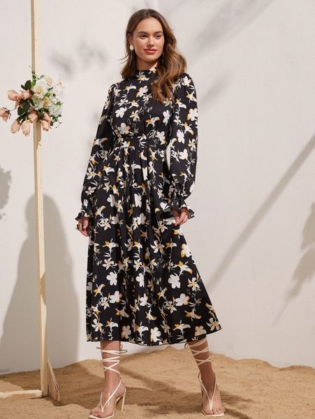 

floral bishop sleeve keyhole back dress 621n#, Black;gray