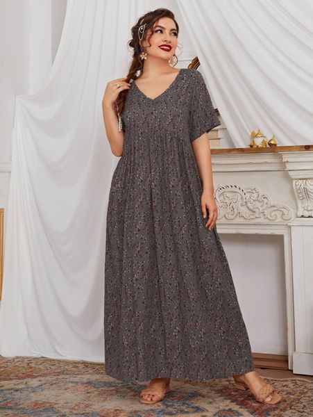 

plus ditsy floral v neck dress b1je#, Black