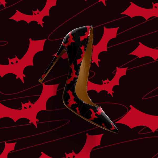 

spring fall luxury heels pointed toes dress shoes for halleween black vampire printed high heel celebrity banquet shoe pu slip on women pump