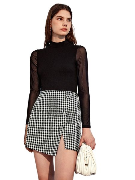 

gingham pattern button front split hem skirt i2kk#, Black