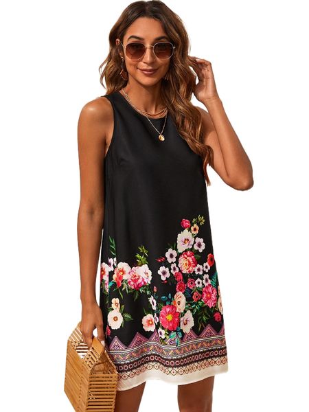 

floral print keyhole back sleeveless dress l6i0#, Black;gray