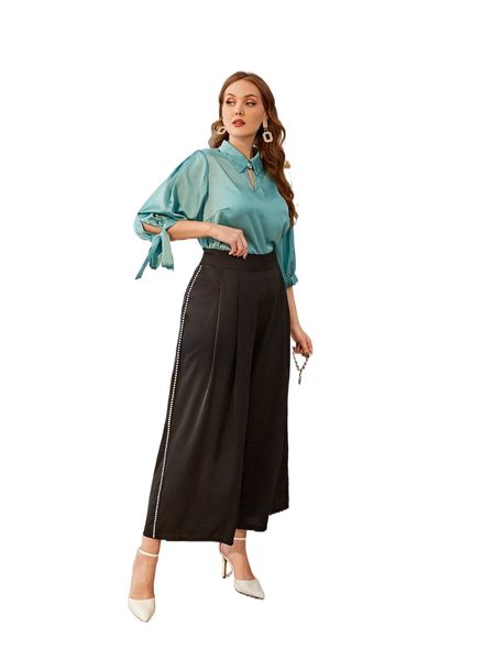 

plus fold pleated pearls beaded wide leg pants h5ry#, Black