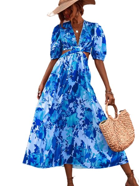 

allover floral print cut out puff sleeve dress y8jd#, Black;gray