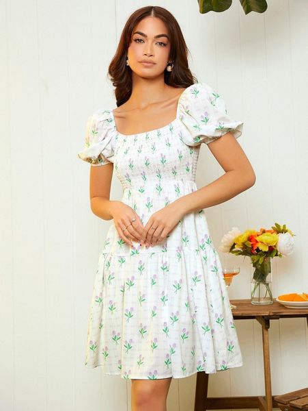 

allover floral print shirred puff sleeve ruffle hem dress p6s1#, Black;gray